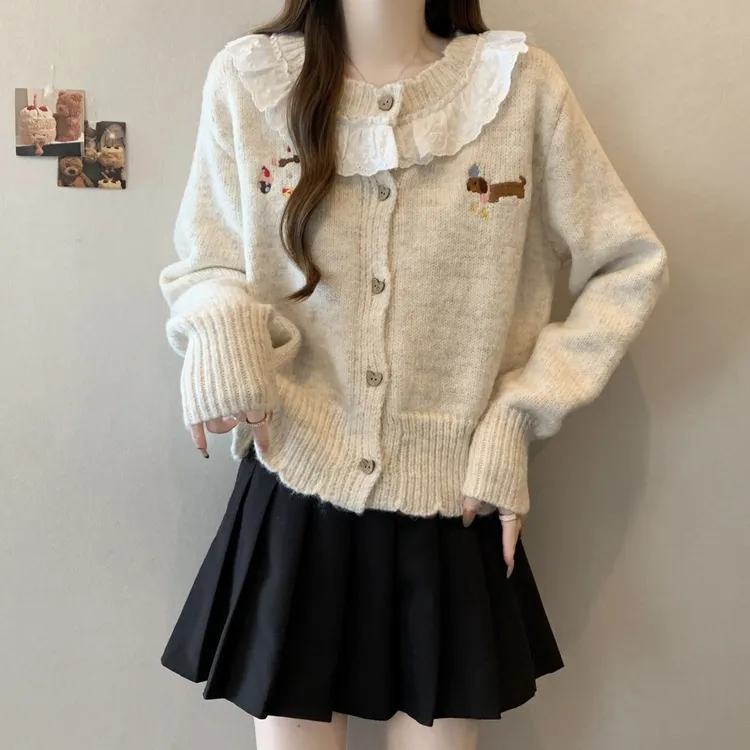 奶蕾丝花边娃娃领显瘦大码胖春季毛衣外套女针织开衫上衣