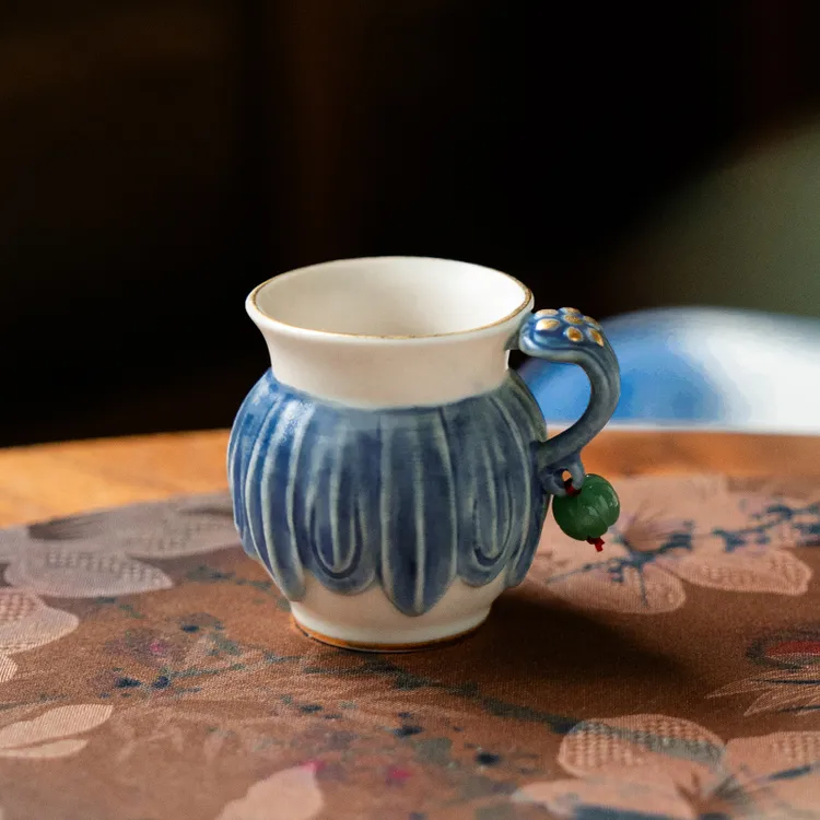 赞朴糯米釉天蓝如意把杯泡茶杯高档家用水杯功夫茶具喝茶主人杯子