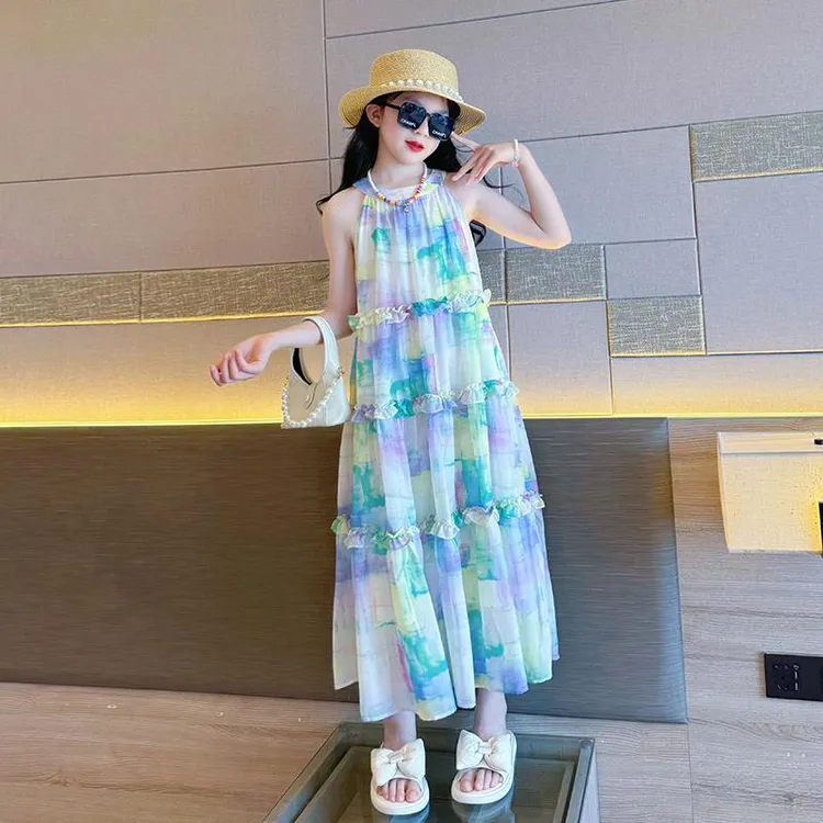 女童无袖连衣裙夏季2025新款儿童海边度假沙滩裙子大童女孩蛋糕裙