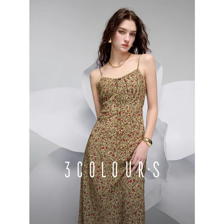 【林一专属】三彩2025春季新款碎花吊带连衣裙无袖系带V领修dbq