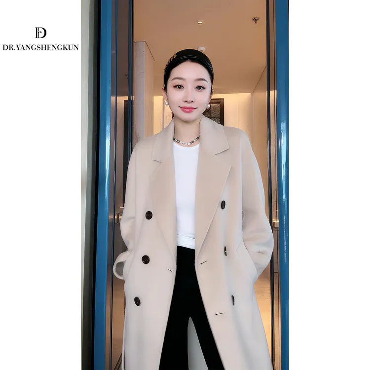 杨圣坤2025新品100%骆驼绒中长款双排扣毛呢大衣外套女TR2581498