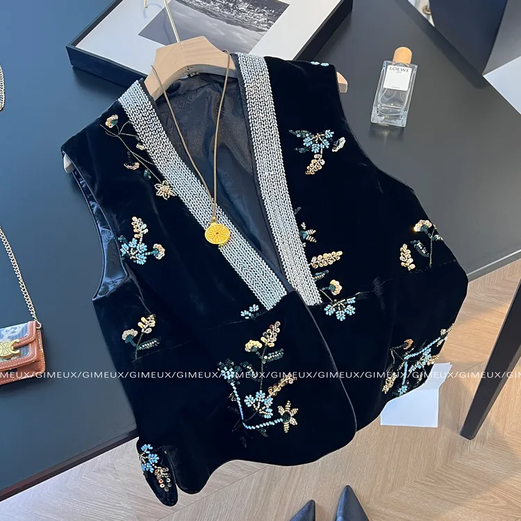 新中式刺绣钉珠V领马甲丝绒外套女2025秋新款叠穿高级感马夹上衣