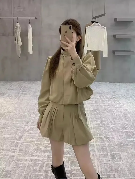 韩系高级感早秋套装立领正肩夹克外套女装秋季花苞裙裤短裤两件套