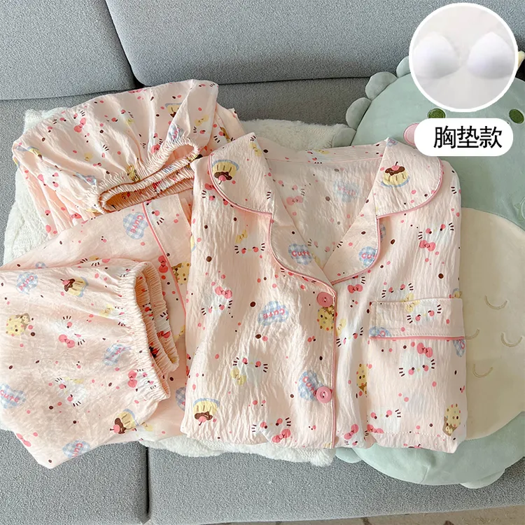 【三件套粉色KT猫】睡衣女夏带胸垫短袖短裤长裤卡通家居服套装132