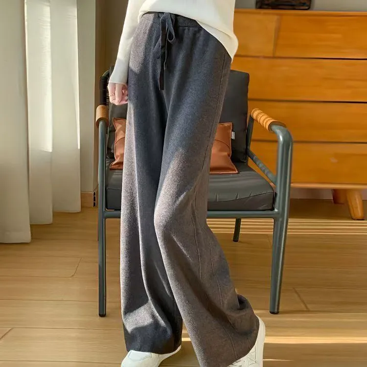 秋冬直筒裤子休闲针织阔腿裤时尚气质百搭纯色简约抽绳