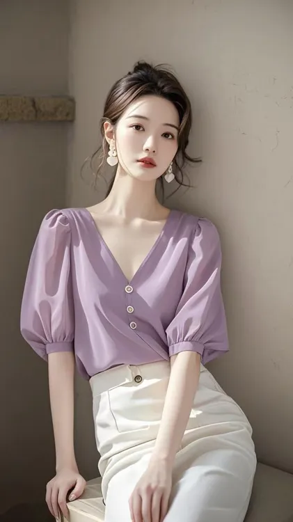 SS818法式v领紫色泡泡袖雪纺衬衫女士设计感小众独特别致半袖上衣