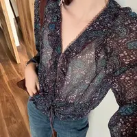 【Z】924/623558  透视小碎花木耳花边V领气质长袖衬衫