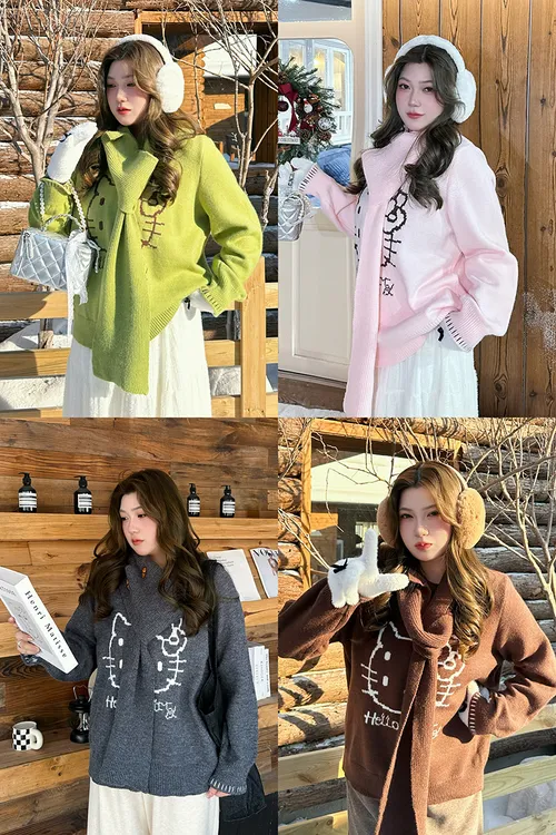 大码秋冬改良正肩kt猫圆领长袖毛衣送围巾氛围感百搭上衣女8079