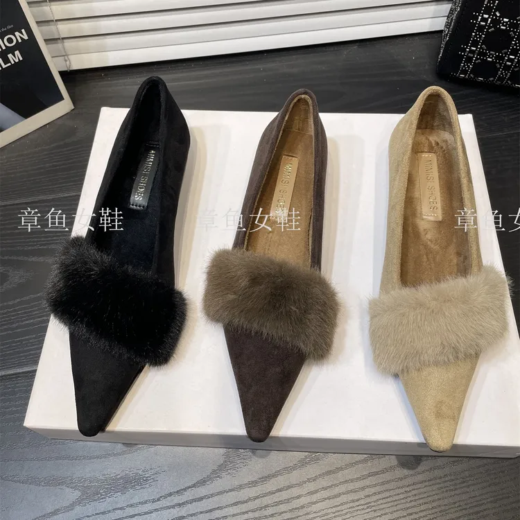 名媛风·加绒浅口单鞋女高跟鞋2025新款秋冬低粗跟尖头保暖毛毛鞋
