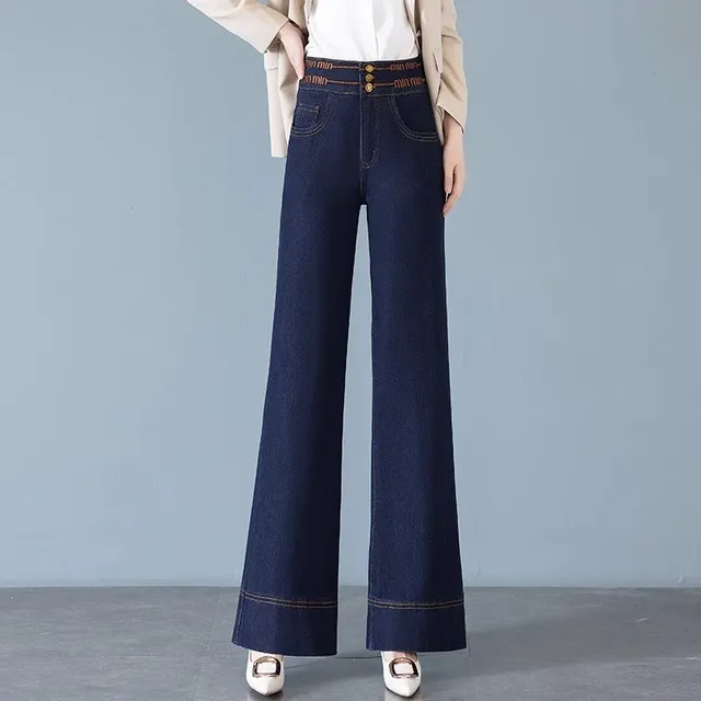 中年妈妈大码刺绣牛仔阔腿裤女2025年春季新款高腰显瘦微喇裤女