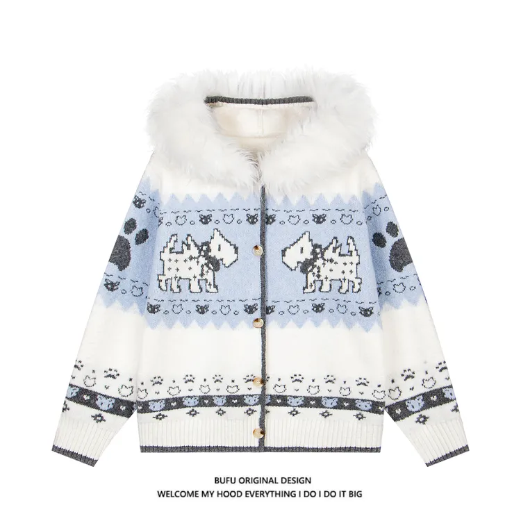 【官方店】亿万少年BUFU原创毛领提花连帽针织开衫弗尔岛小狗毛衣女