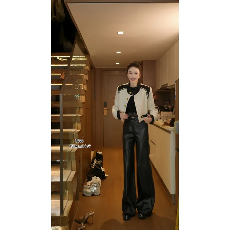 【磊磊】加绒皮裤 高腰显瘦设计感交叉遮肚子套装6603