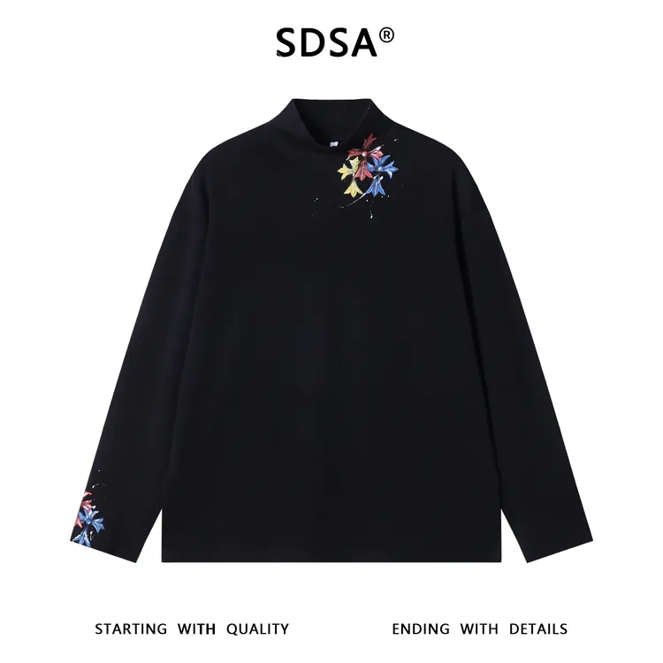SDSA秋冬新款痞帅男装泼墨彩色十字印花半高领长袖T恤百搭简约