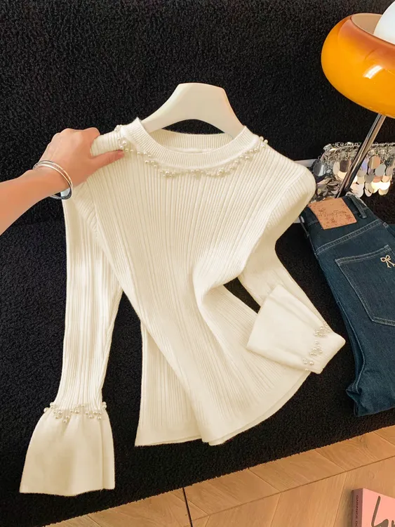 绝美钉珠高级打底衫女秋冬法式喇叭袖针织衫内搭修身毛衣洋气上衣