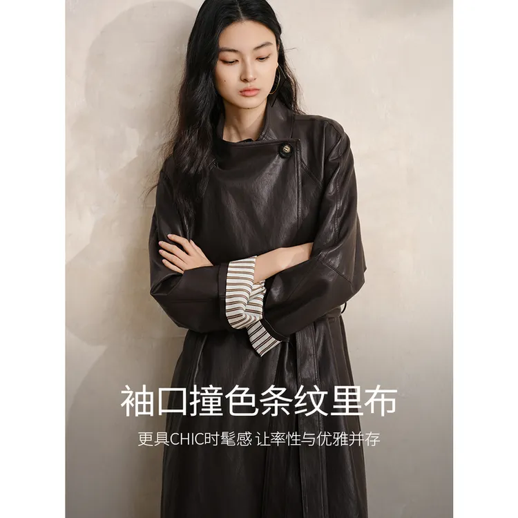 休闲复古长款皮风衣女2025秋季新款皮大衣可可棕色机车皮衣外套