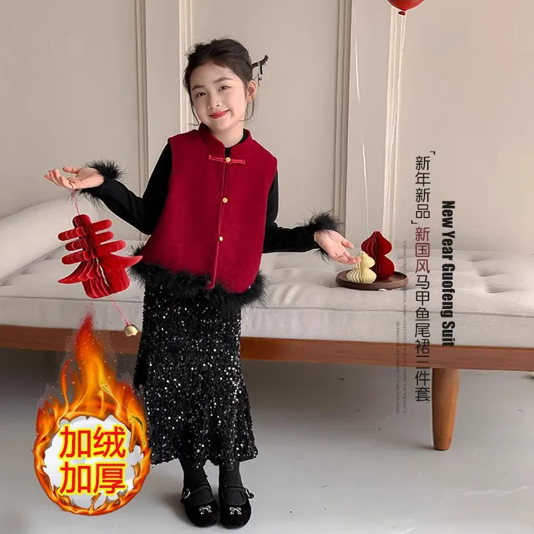 女童拜年服2025新款冬装新中式红色新年衣服公主裙套装儿童过年服