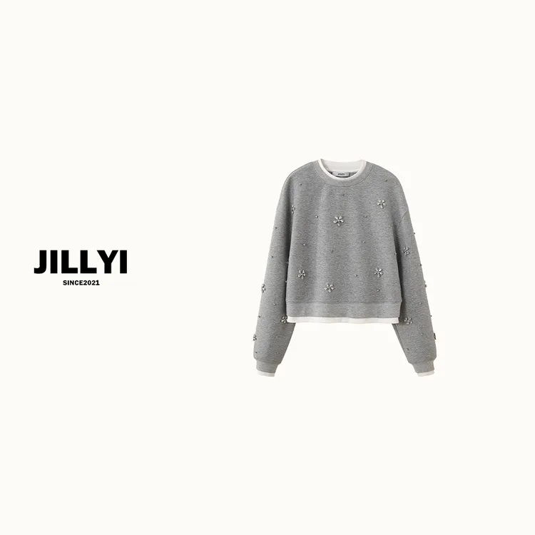 jillyi【月夜银霜】灰色圆领钻石雪花少女风休闲百搭T恤秋季时尚