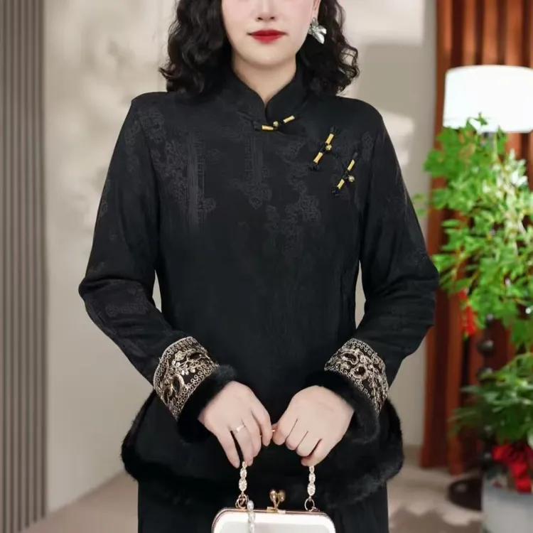 秋冬新中式三粒扣加绒保暖打底衫中国风提花立领气质复古长袖小衫