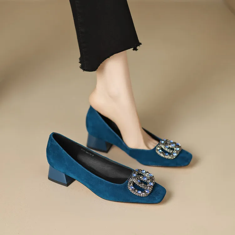 浅口水钻法式耐脏方头粗跟单鞋漆皮气质时尚跟鞋皮鞋中跟真皮夏季