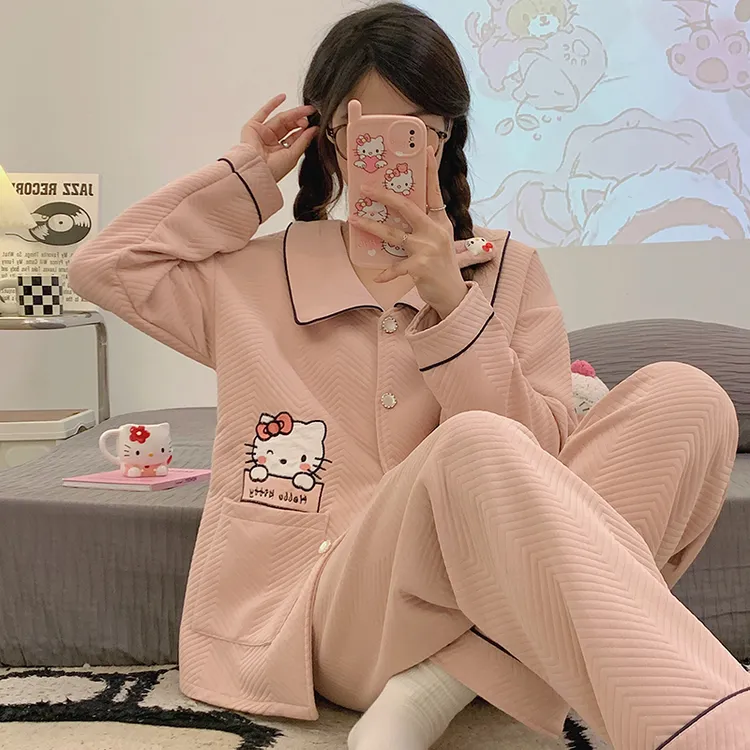 【PIC】Kitty猫空气棉大码睡衣女秋冬季长袖开衫可爱卡通家居服套装