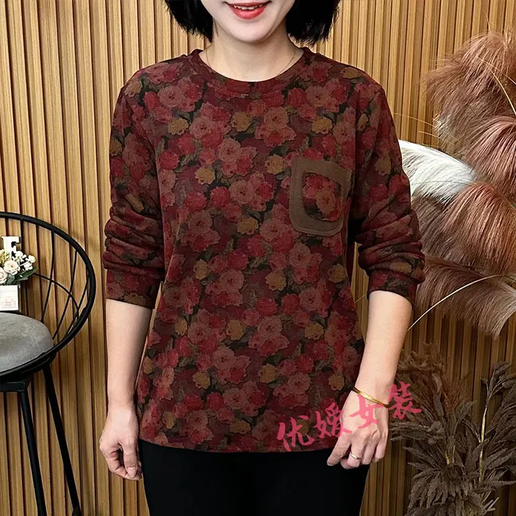 中老年女装秋季时尚圆领花色口袋百搭宽松显瘦洋气妈妈装长袖上衣