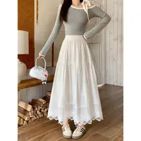 法式白色蕾丝花边a字半身裙大码2025秋季梨形显瘦高腰伞裙女5008