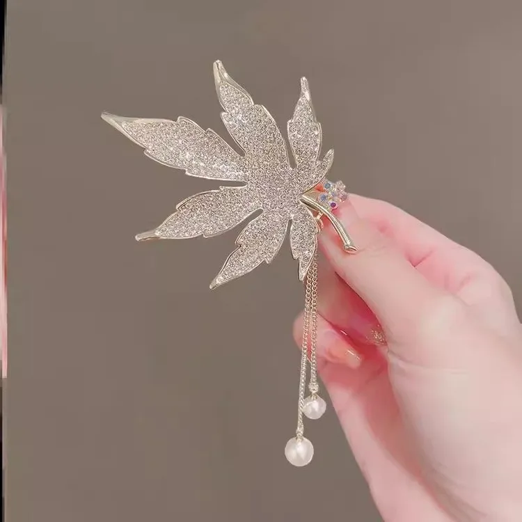 流星美头饰水钻枫叶流苏发夹气质复古时尚高马尾一字夹百搭优雅