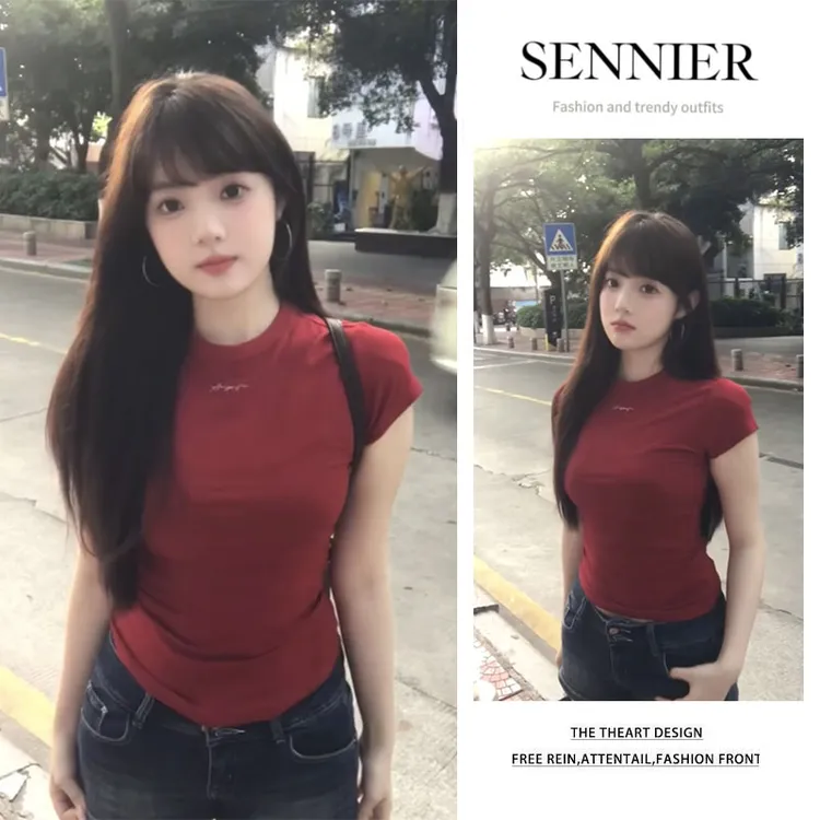 韩系穿搭2025夏季新款圆领修身纯色短袖T恤显瘦牛仔短裤两件套女