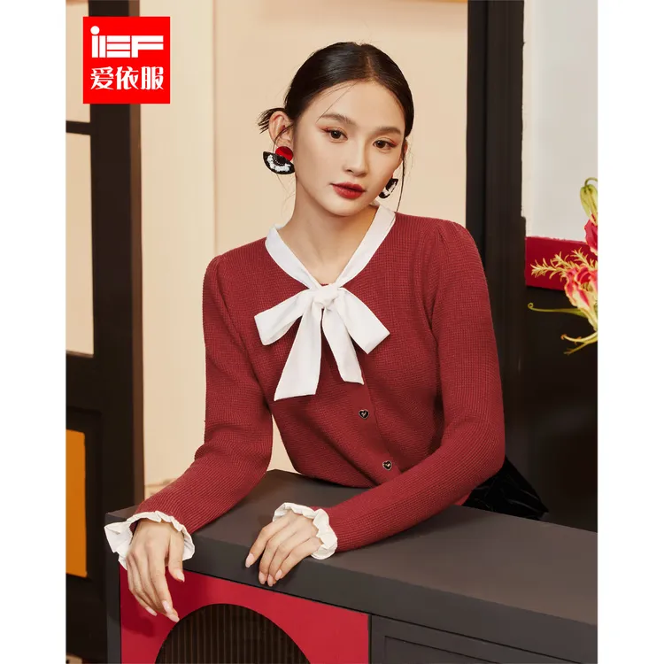 IEF/爱依服2023新款秋冬季法式丝带领氛围感开衫毛织上衣