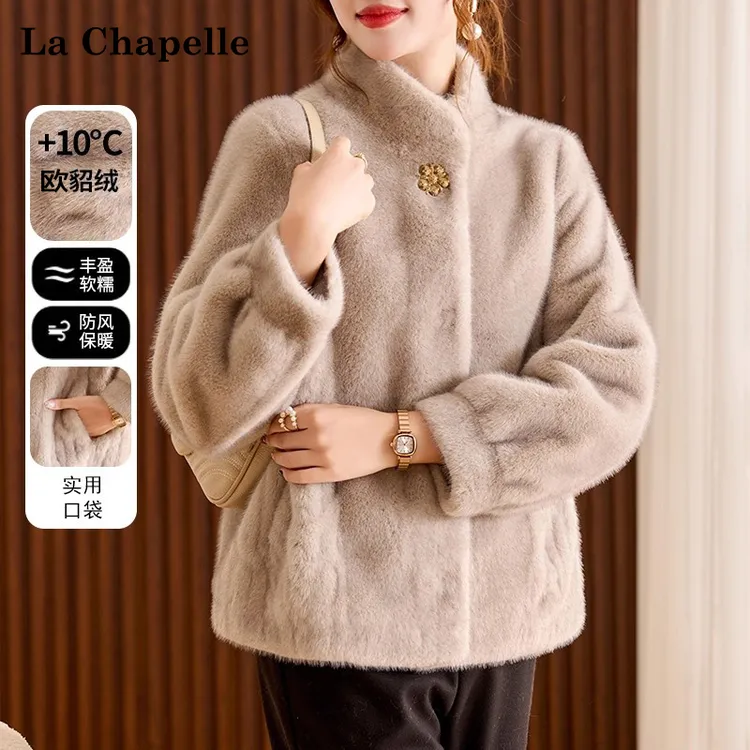 拉夏贝尔妈妈冬装短款水貂绒外套加厚保暖中老年女装皮毛一体大衣