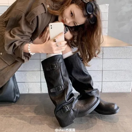 【苏茵茵】辣妹裤管靴~9cm增高扣带中筒西部骑士长靴女堆堆短靴