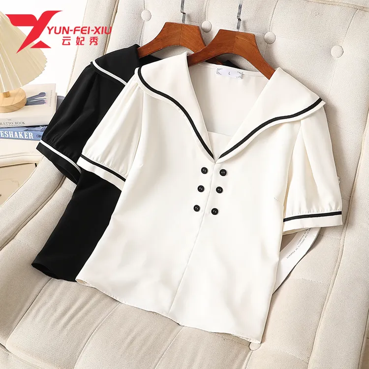 云妃秀大码女装衬衫休闲微胖海军领洋气减龄百搭显瘦宽松夏季9297