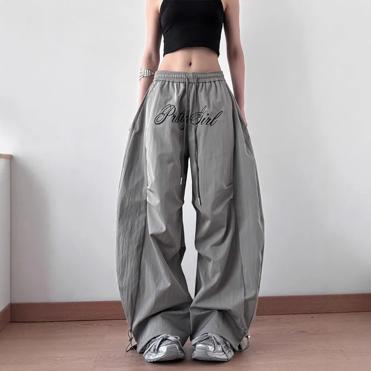 灰色阔腿牛仔工装裤女夏季大码梨型身材胖mm宽松显瘦垂感直筒裤子