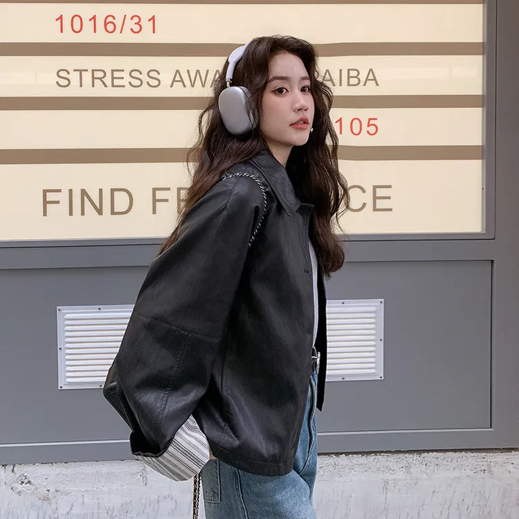 韩系高级感皮衣外套女2025春秋季百搭翻领袖口韩版气质宽松机车服