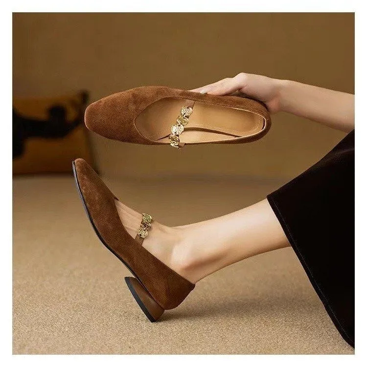 金币链法式复古玛丽珍鞋女方头时尚低跟鞋女软底舒适浅口单鞋女