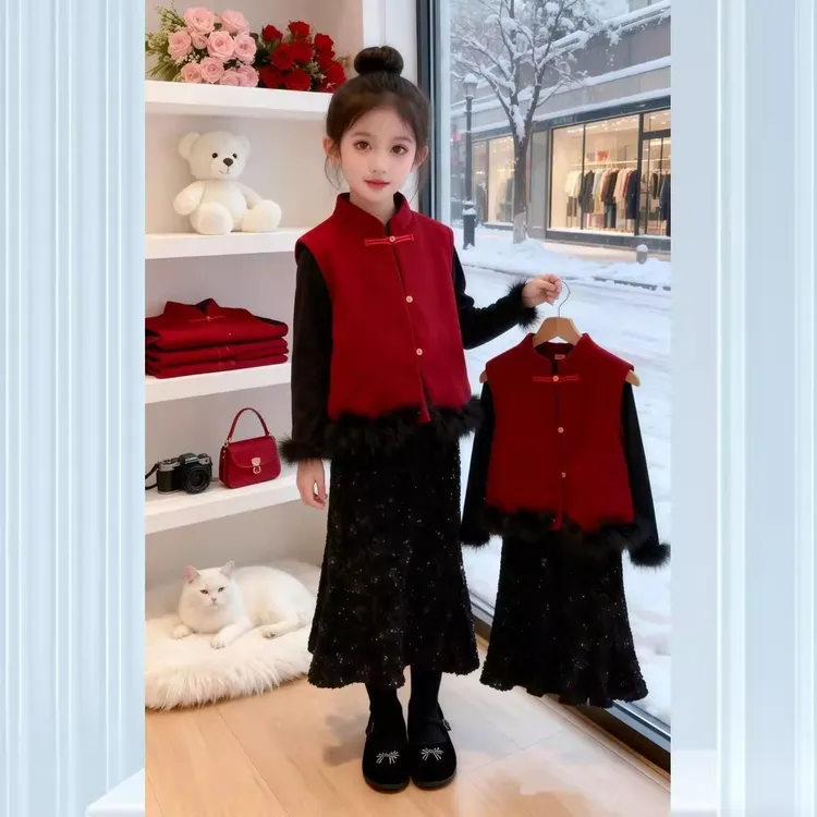 女童国风拜年服套装2025新款秋冬季儿童红色马甲毛衣半身裙三件套