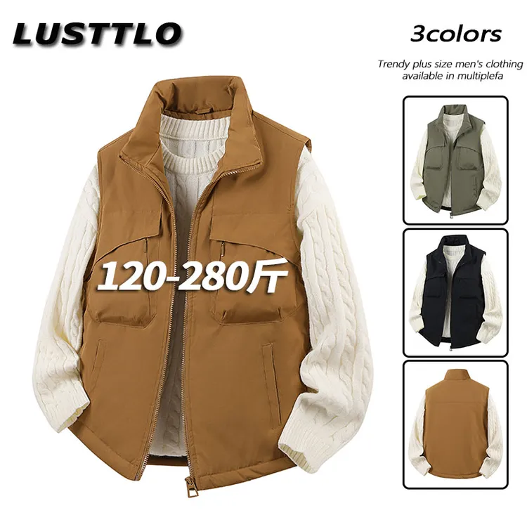 大码宽松多口袋百搭纯色马夹无袖外套秋冬新款加绒保暖立领马甲男