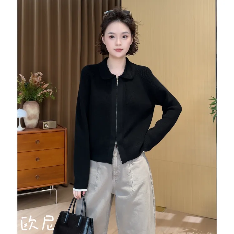 欧尼私服 2025早秋新款翻领双拉链针织外套百搭显瘦上衣2508C4856