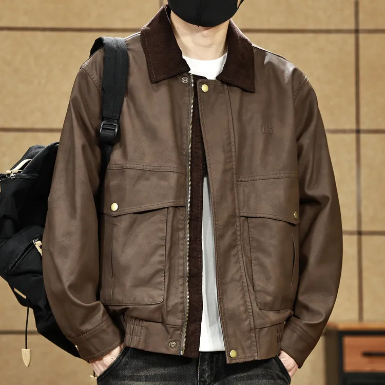 美式复古工装皮衣夹克男士2025秋季新款机车风宽松潮牌翻领外套男