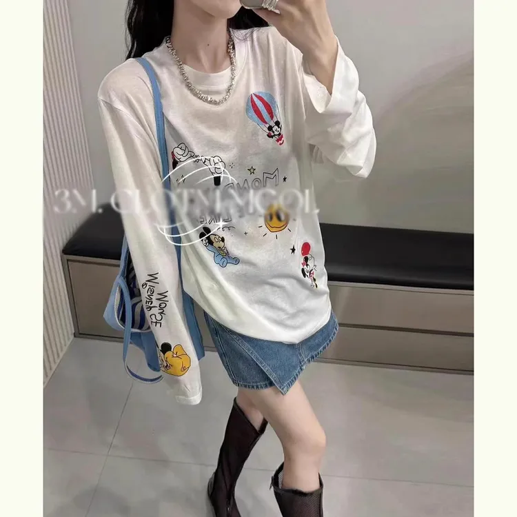 可爱减龄卡通印花长袖防晒T恤女2025春夏新款洋气宽松薄款上衣潮