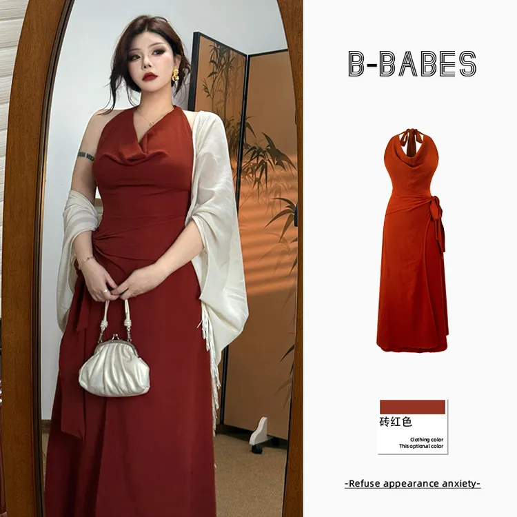 B-babes【朱砂点唇】法式荡领连衣裙纯欲气质修身显瘦收腰绝美长裙