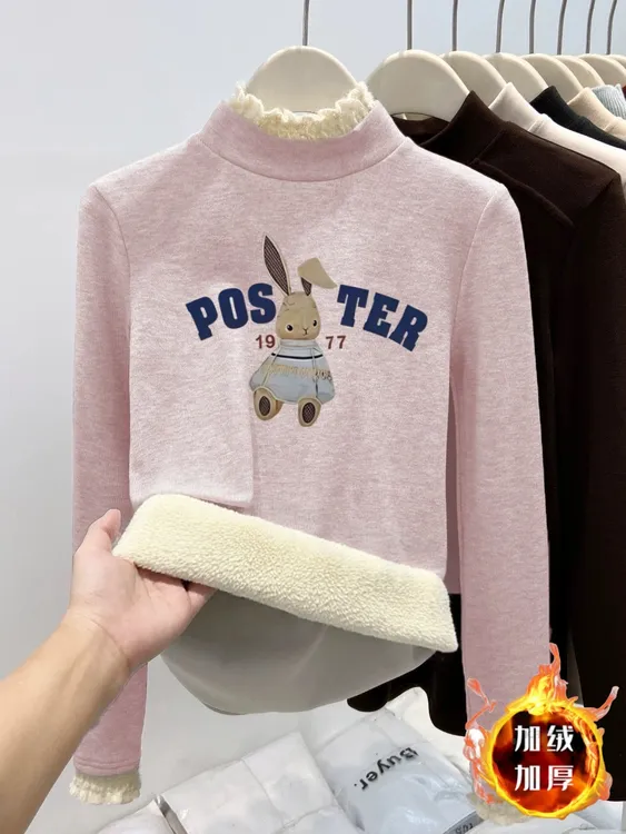 女童卫衣新款打底衫加绒加厚一体绒中大童花边半高领保暖印花上衣