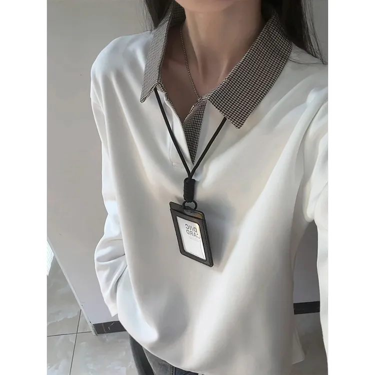 千鸟格拼接polo衫卫衣男秋季高级感翻领长袖t恤cleanfit正肩外套