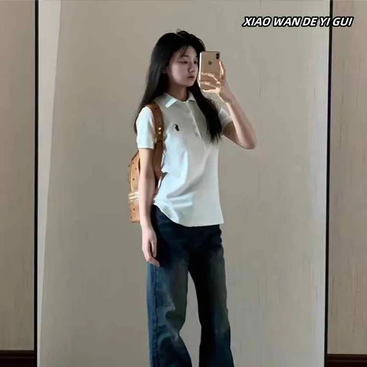 设计感小众正肩POLO领短袖T恤女夏港味chic修身显瘦半袖体恤上衣