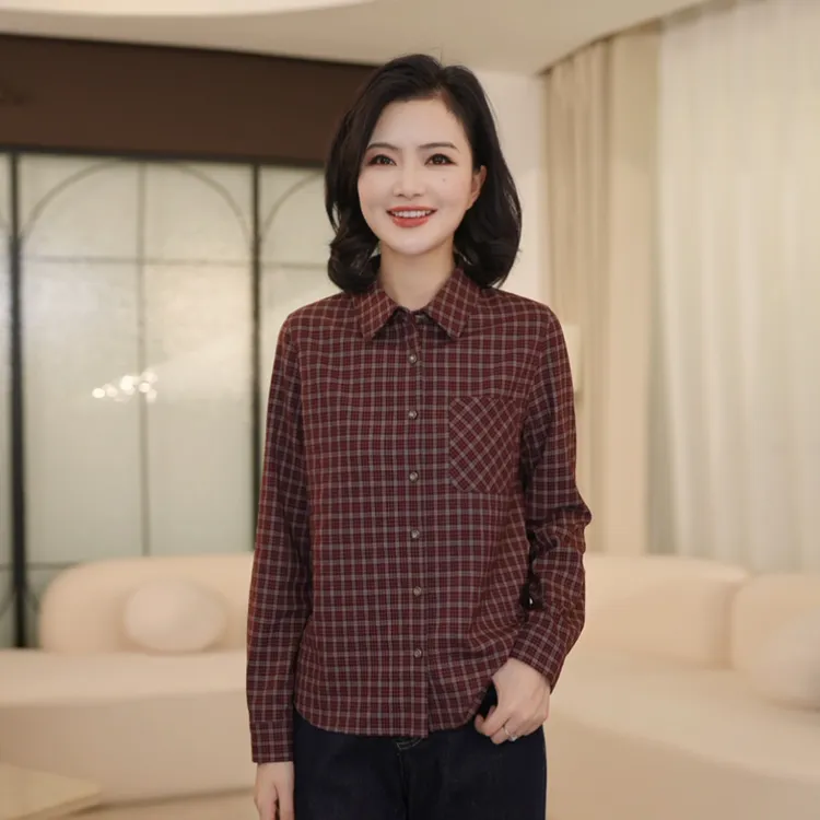 枫竺阿楠anan英伦风红色格纹翻领口袋单排扣长袖衬衫女秋季上衣