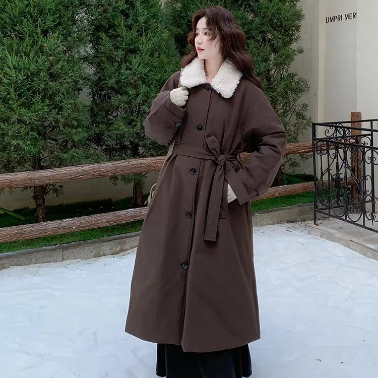 【90新国标白鸭绒】羊羔毛领收腰过膝风衣复古羽绒服女2025新款8080