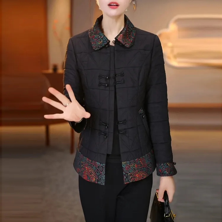 蓄热棉短款棉衣国风外套2025秋冬季新款大码中年女装修身轻薄棉服
