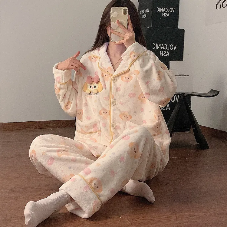 2025新款睡衣女冬季法兰绒长袖加绒加厚秋冬天保暖卡通家居服套装