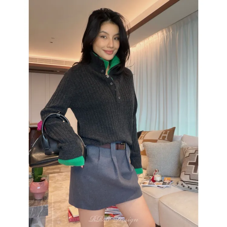 RRB Design 100%绵羊毛假两件撞色拼接POLO领闲软糯亲肤叠穿上衣