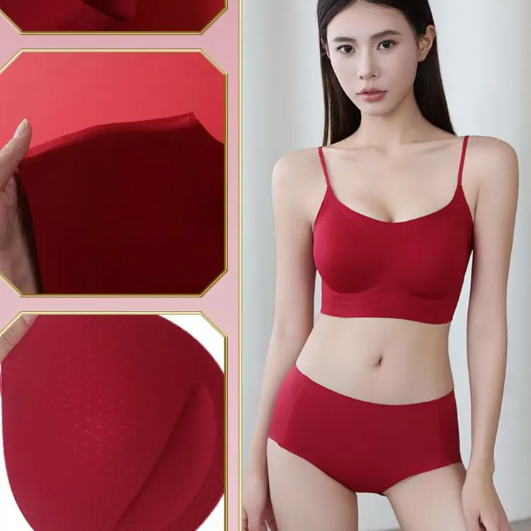 安哥拉红新年本命年美背文胸套装舒适透聚拢果冻条普拉提无感内衣
